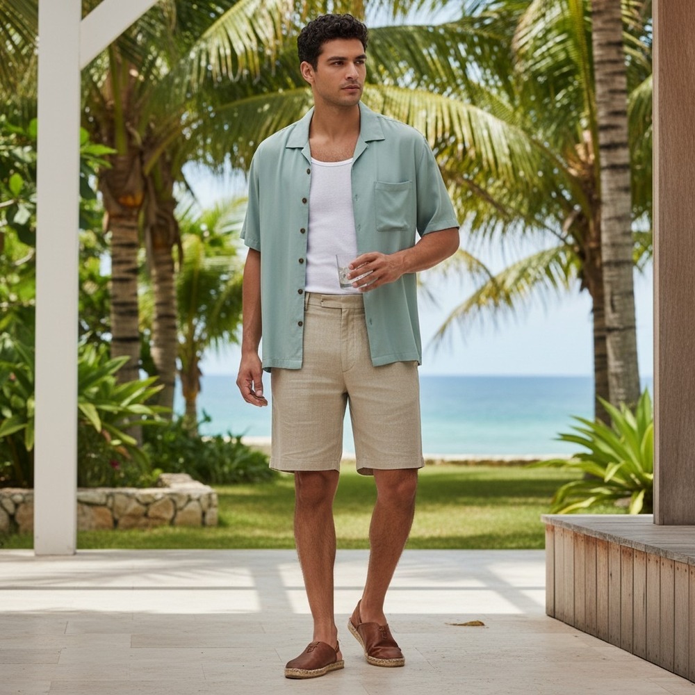 Y2K Tommy Bahama Camp Shirt Mens L Seafoam Green 100% Silk Tropical Button Down